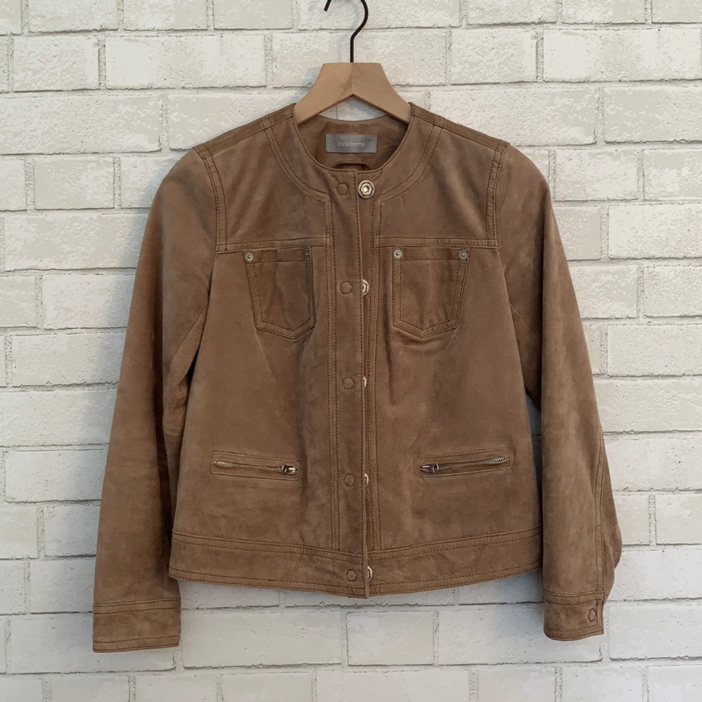 Liz Claiborne khaki suede snap up coat size P
